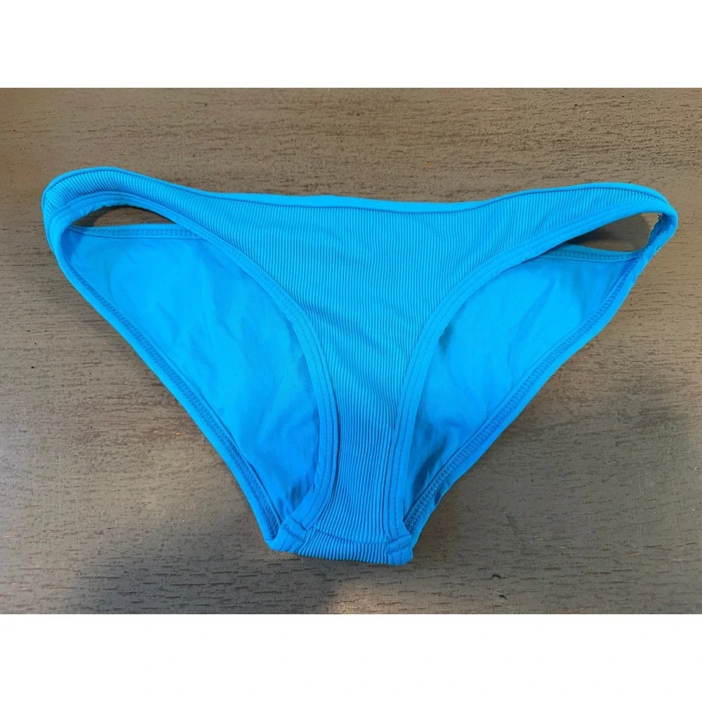 L Space Ribbed Bikini Bottom Turquoise Blue Low Rise Swim Small NWOT